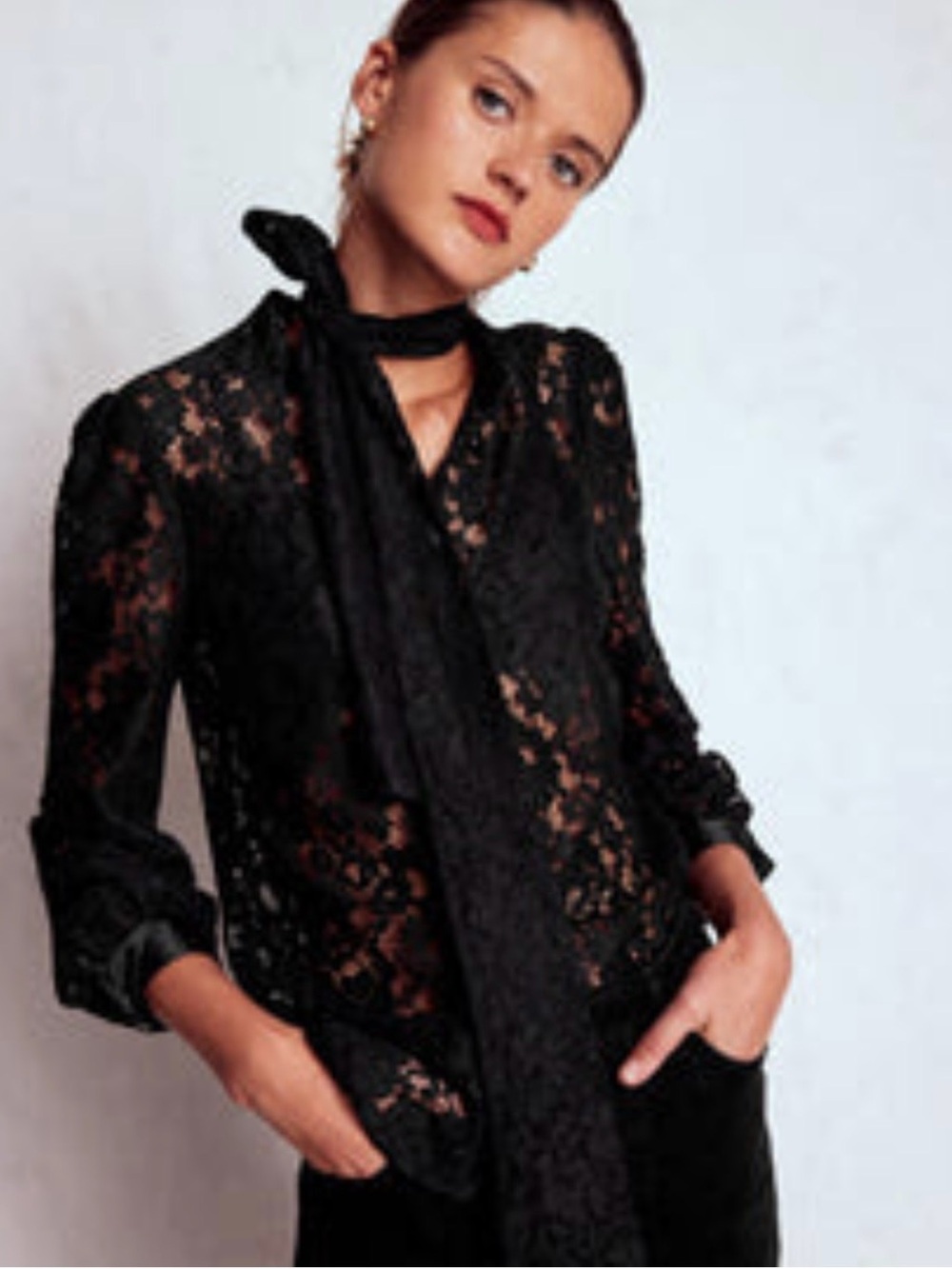 Boden Black Lace Tie Neck Top Blouse